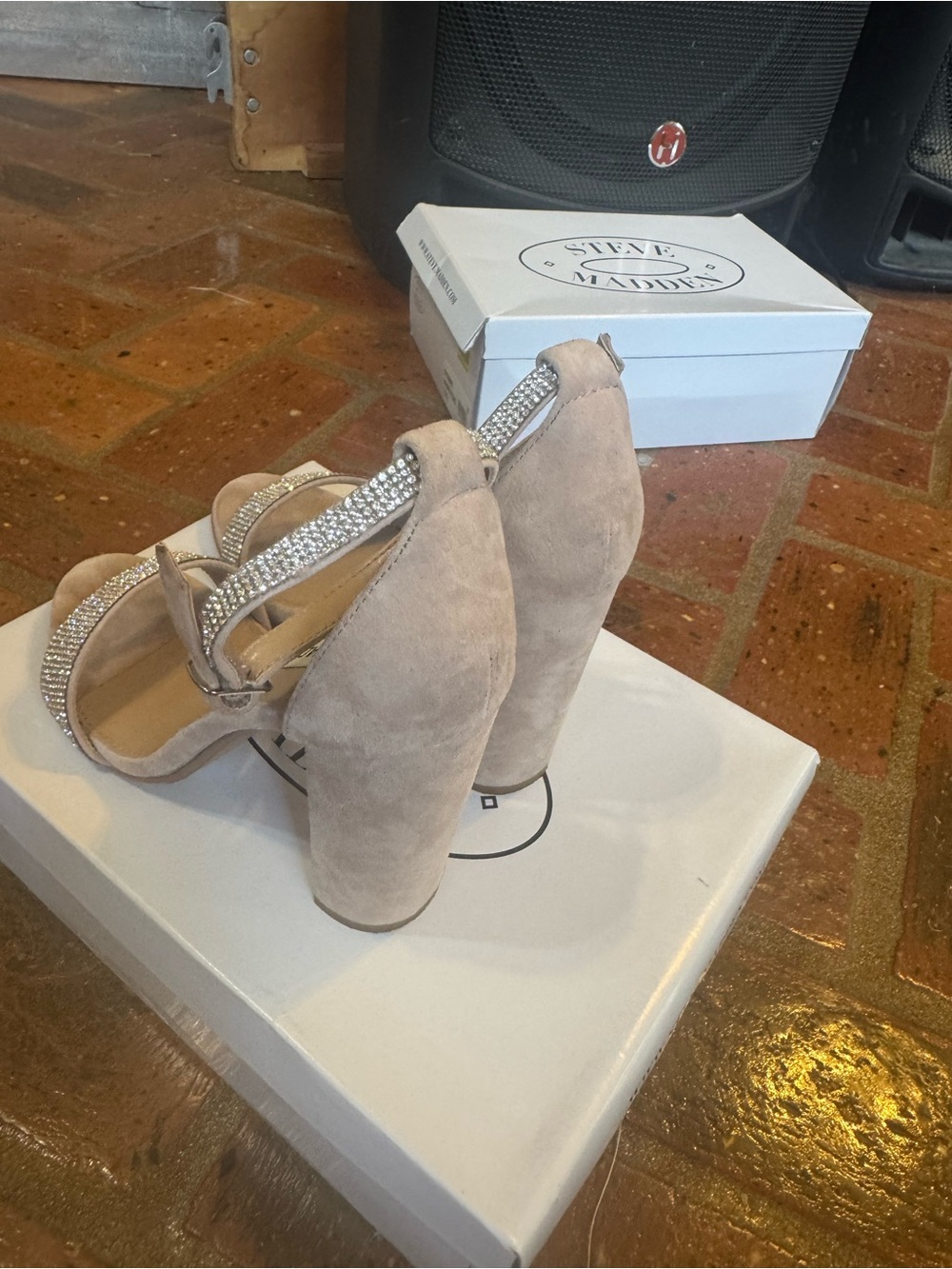 Steve Madden Blush Rhinestone Strap Block Heel Sandals - Picture 2 of 3